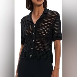 Theory Women's Black Crochet Button-Up Top mesh medium cotton